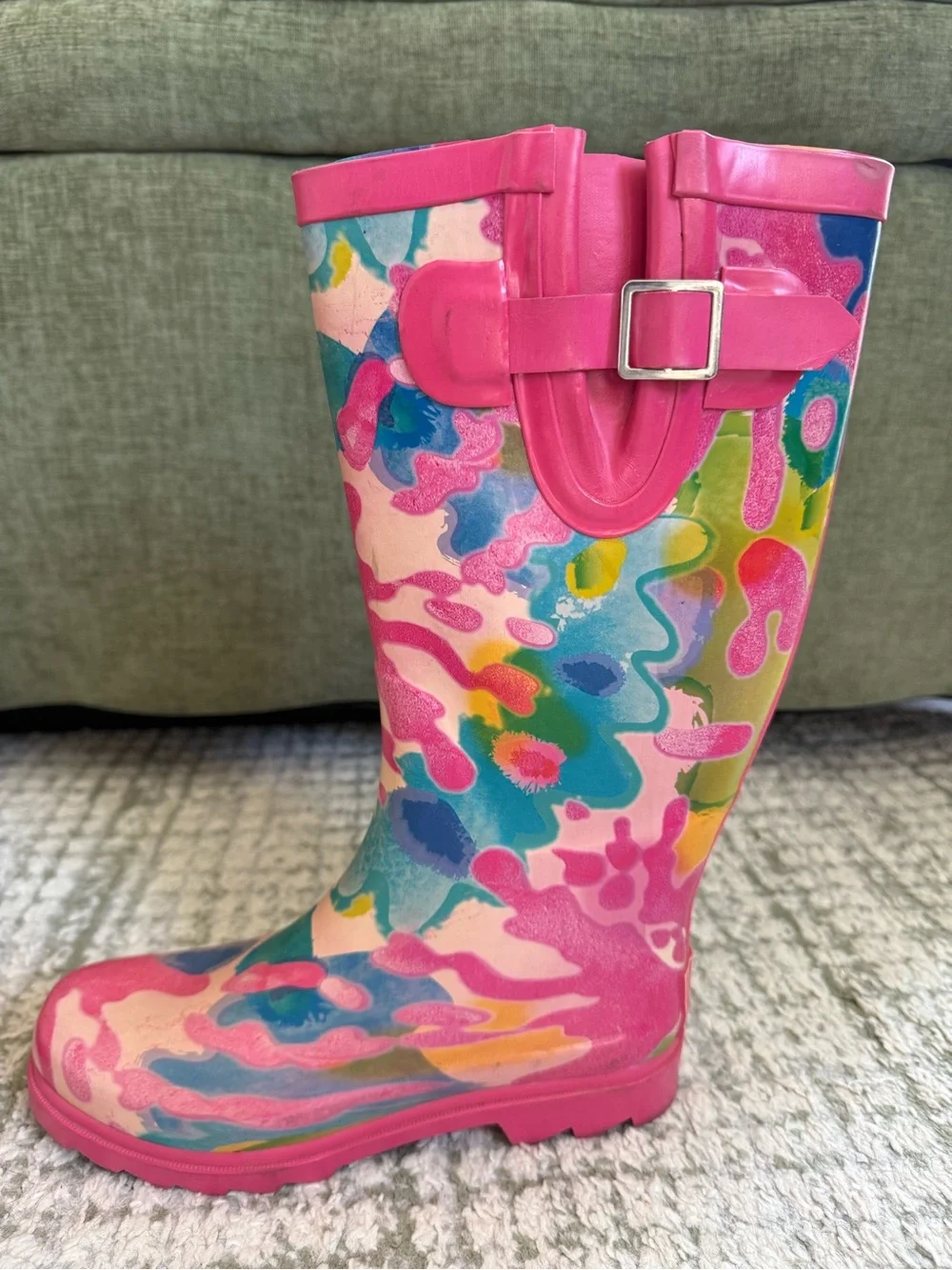 Magellan Womens Size 5B Pink Floral Tall Rain Boots Rubber Waterproof